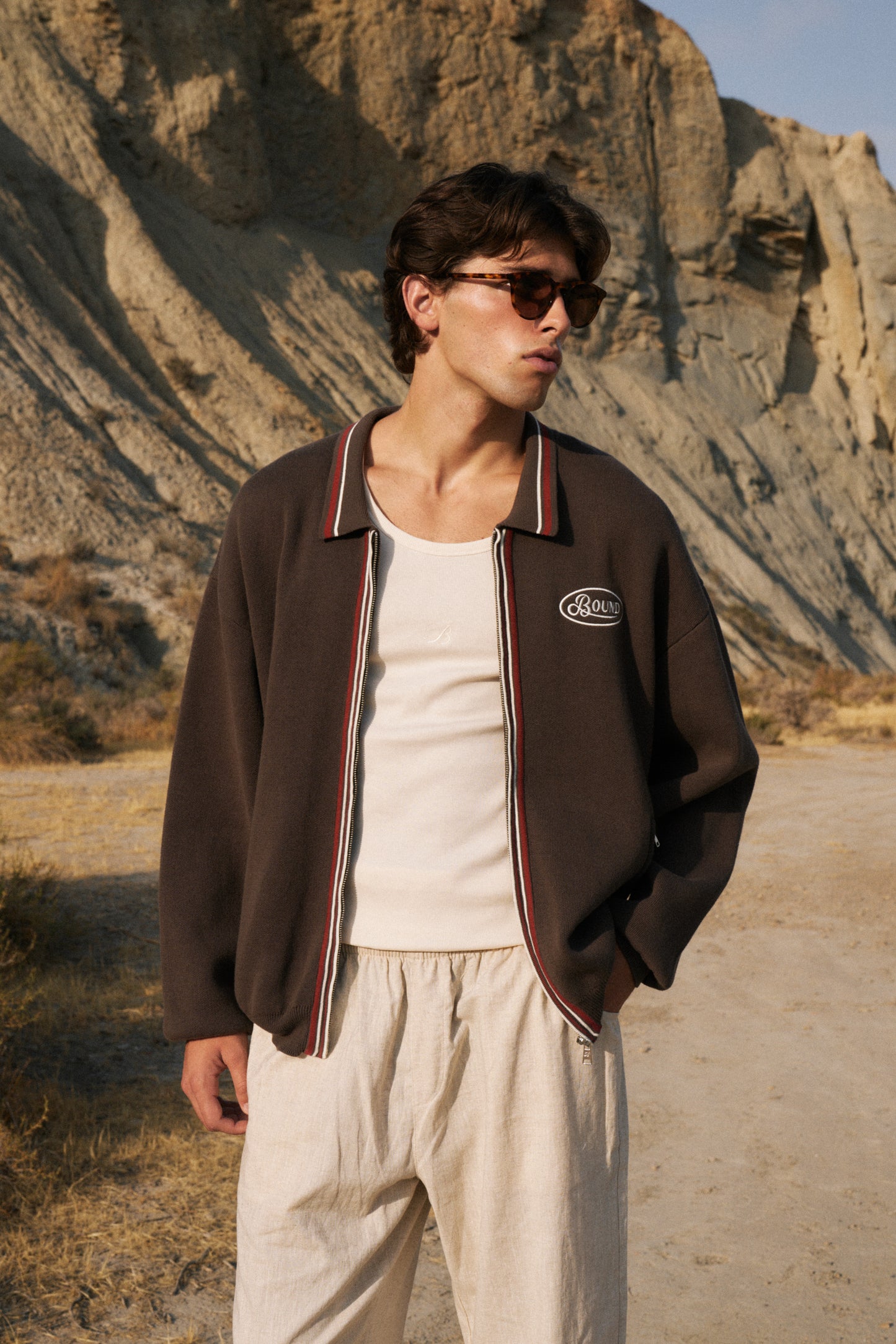 RETRO DISC KNIT FULL ZIP POLO - BROWN