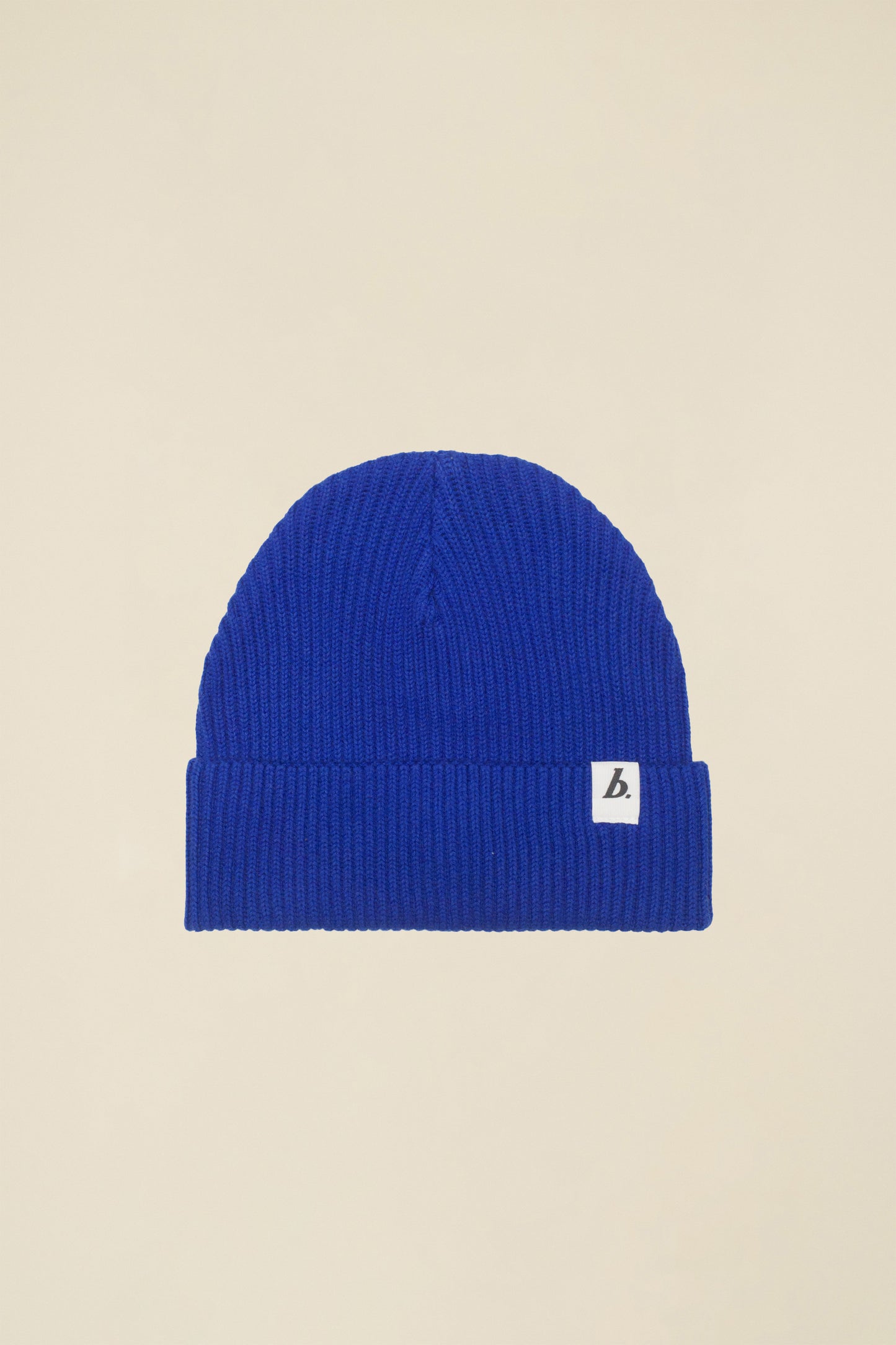 ORGANIC FISHERMAN RIBBED LABEL BEANIE - BLUE