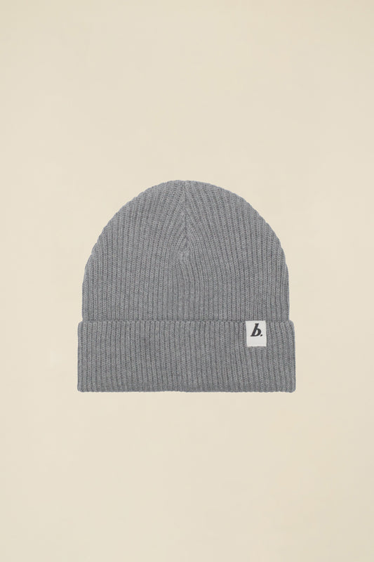 ORGANIC FISHERMAN RIBBED LABEL BEANIE - HEATHER GREY