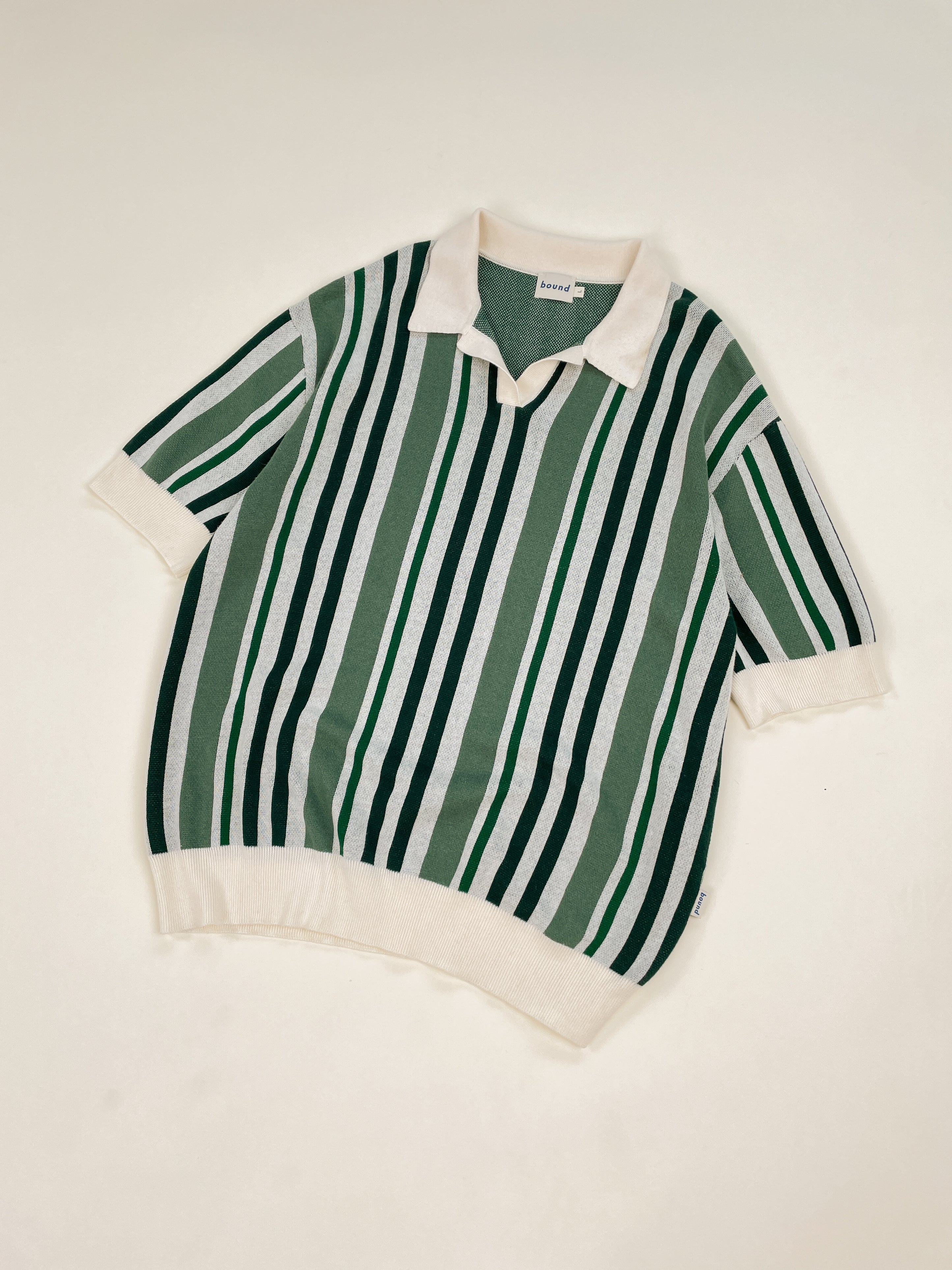 Stripe Collar Cotton Knit Polo - Mint Green/Cream main image 1