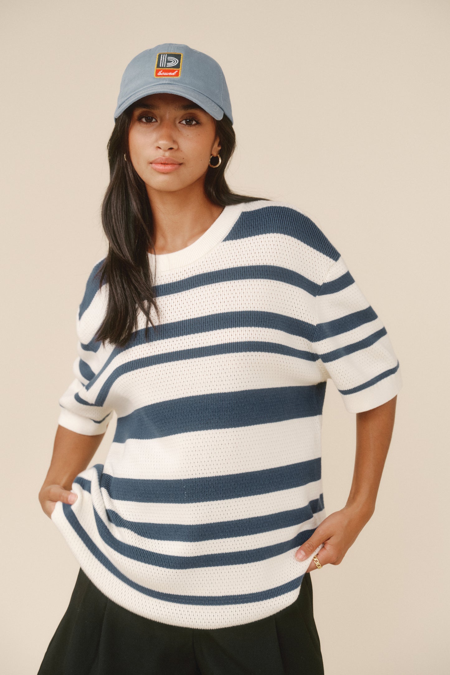 STRIPE CROCHET KNIT TEE - OXFORD & ECRU