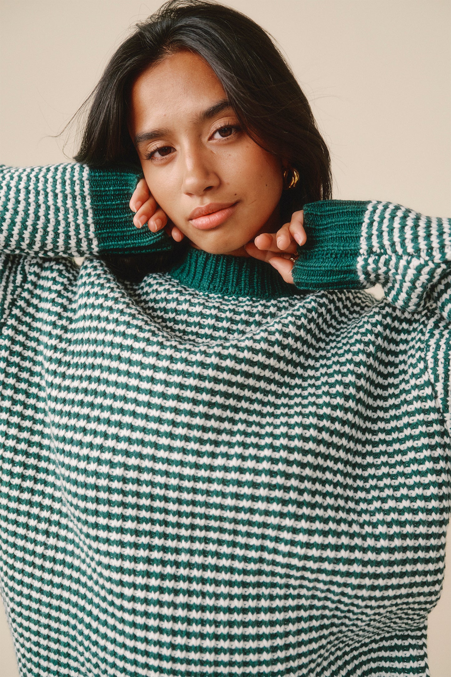 GREEN STRIPE CHUNKY KNIT RIB OVERSIZED SWEATER