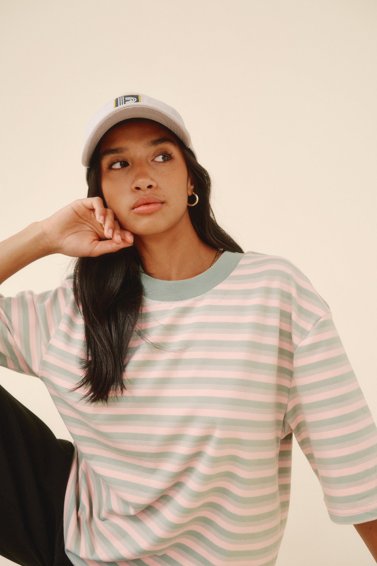 PEACHED STRIPE TEE - PINK & GREEN