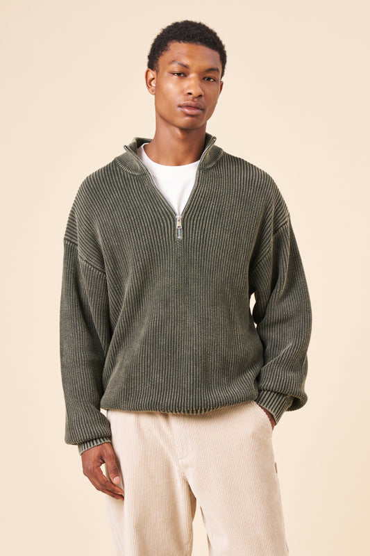 GREEN ACID WASH FUNNEL NECK HALF ZIP