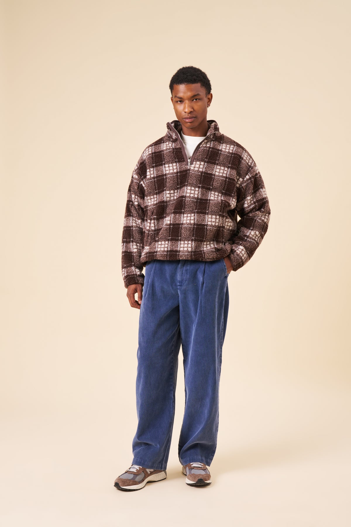 CHECK HALF ZIP FLEECE - BROWN