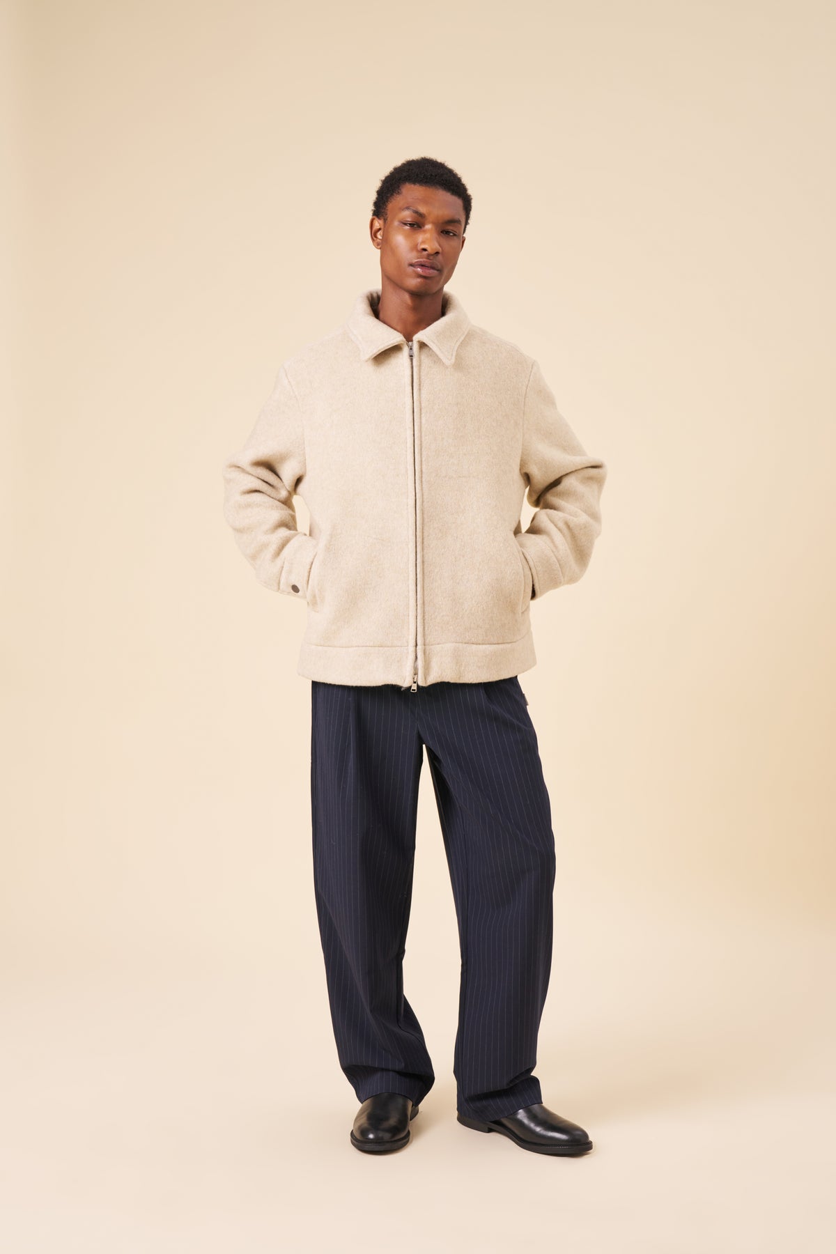 PIN STRIPE RELAXED PLEATED TROUSERS - NAVY