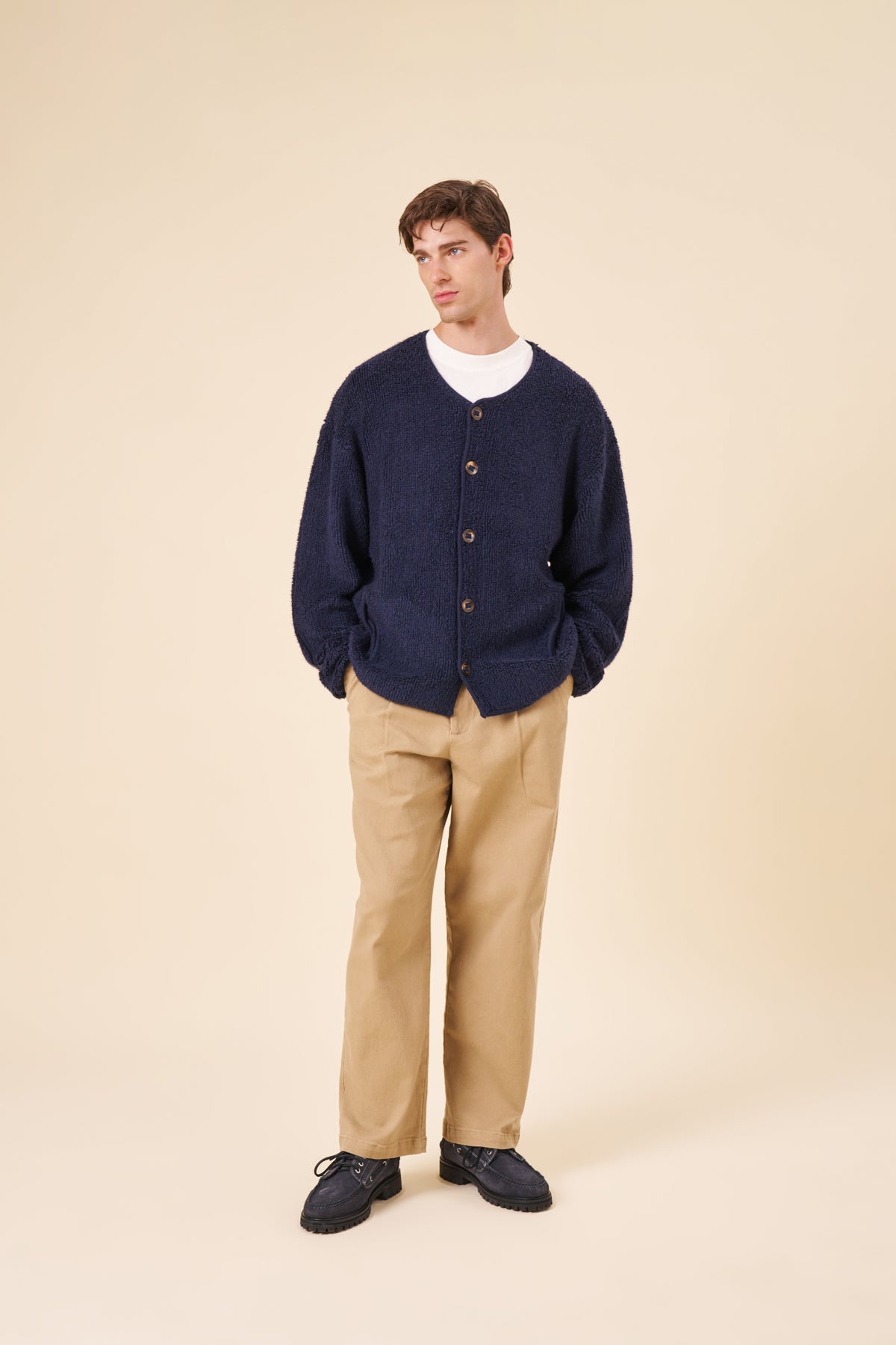 TREVOR GRANDAD FLEECE CARDIGAN - NAVY