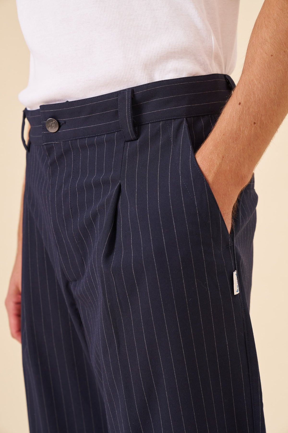 PIN STRIPE RELAXED PLEATED TROUSERS - NAVY