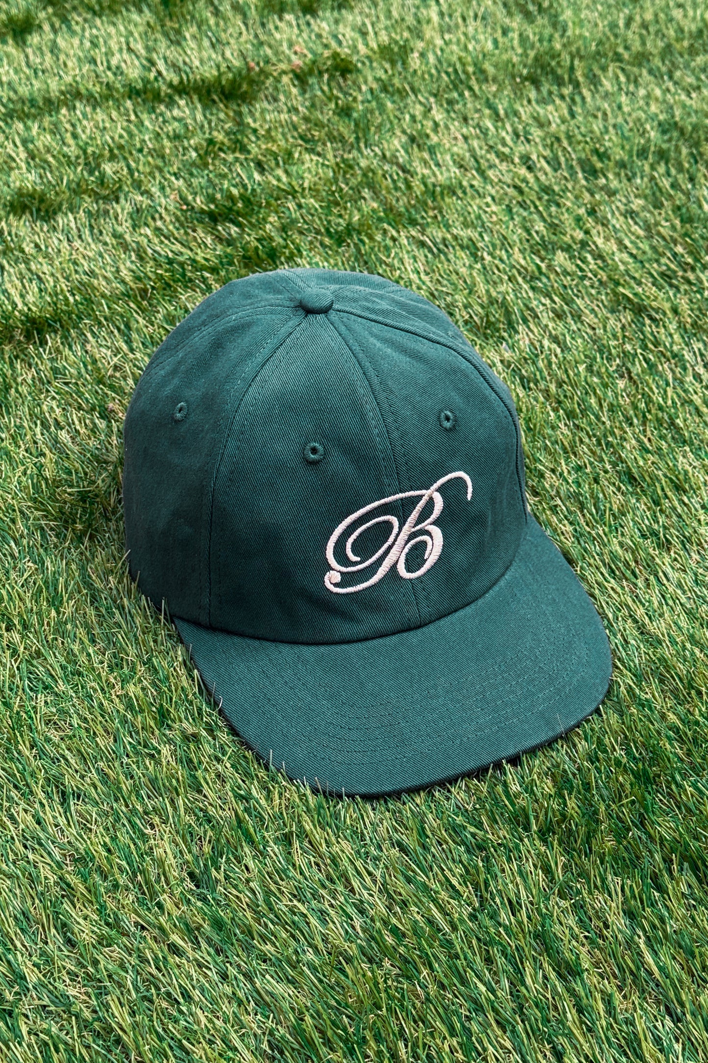 SCRIPT EMBROIDERED 6 PANEL CAP - FOREST GREEN