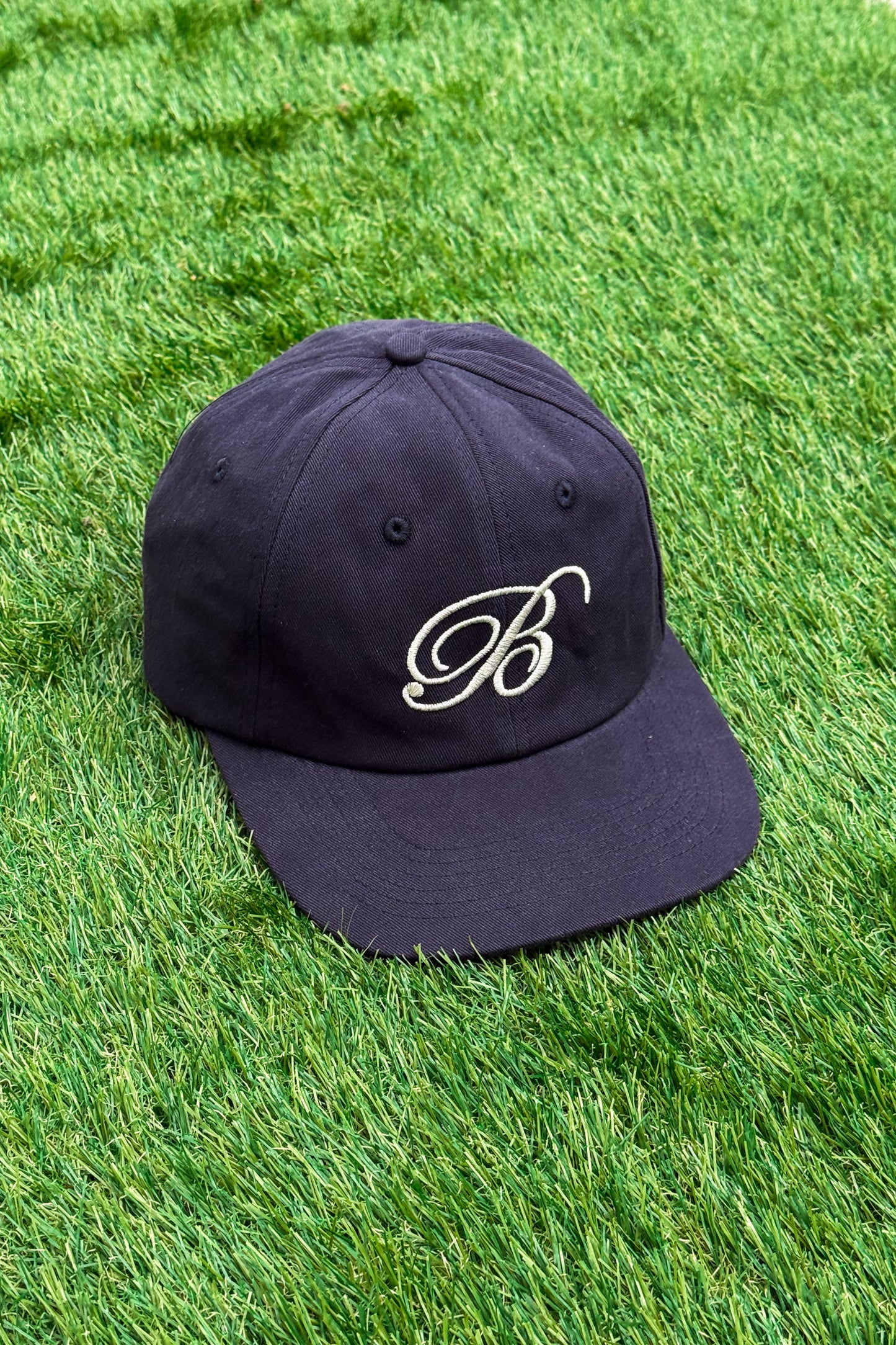 SCRIPT EMBROIDERED 6 PANEL CAP - NAVY